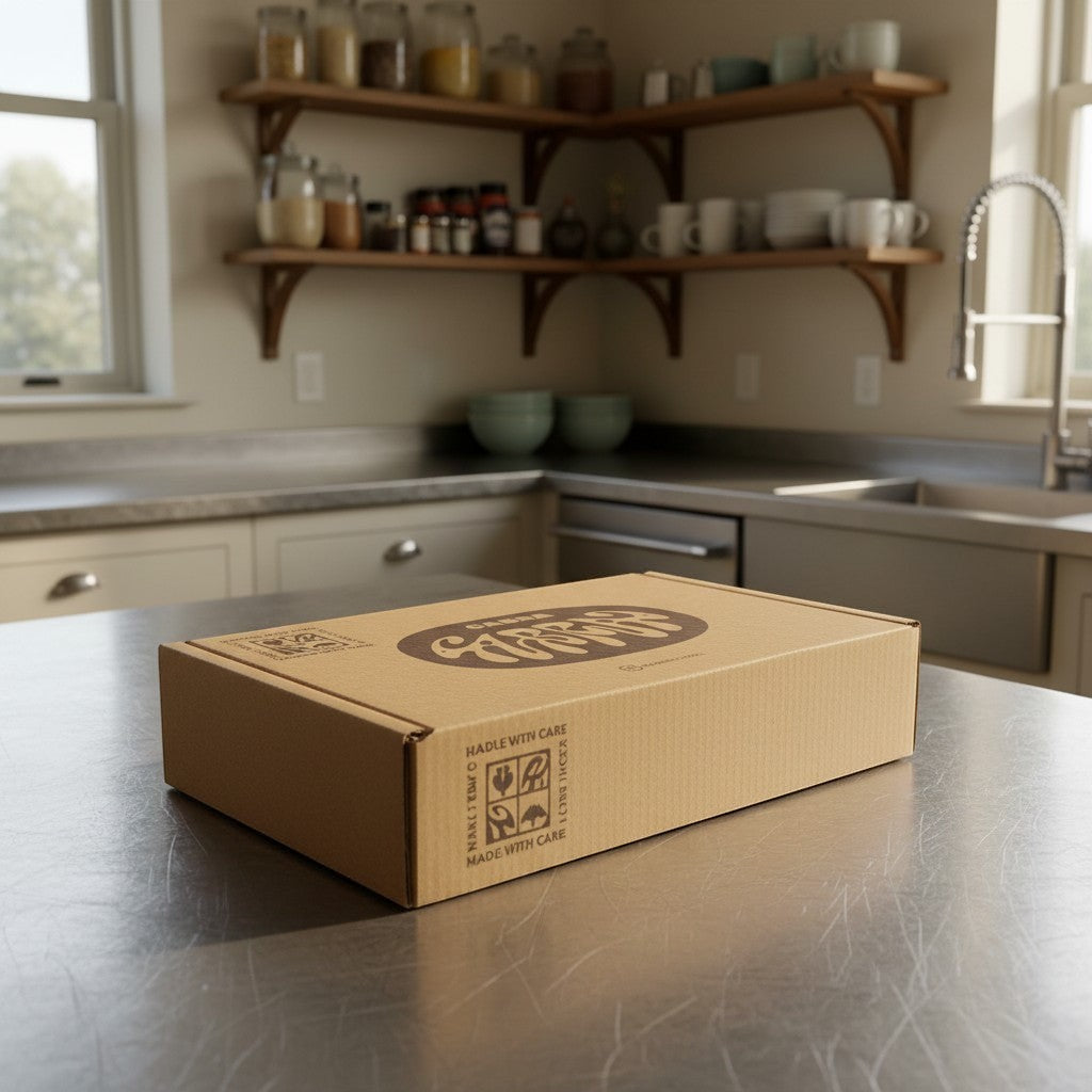 Cabra Olive Oil refill set in a branded cardboard shipping box sitting on a kitchen countertop