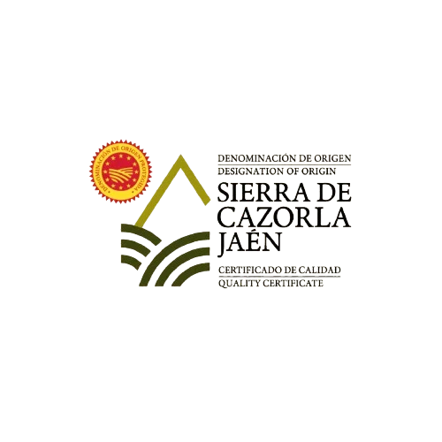 Cabra Olive Oil Refill Set quality certificate logo with Sierra de Cazorla Jaen branding on black background